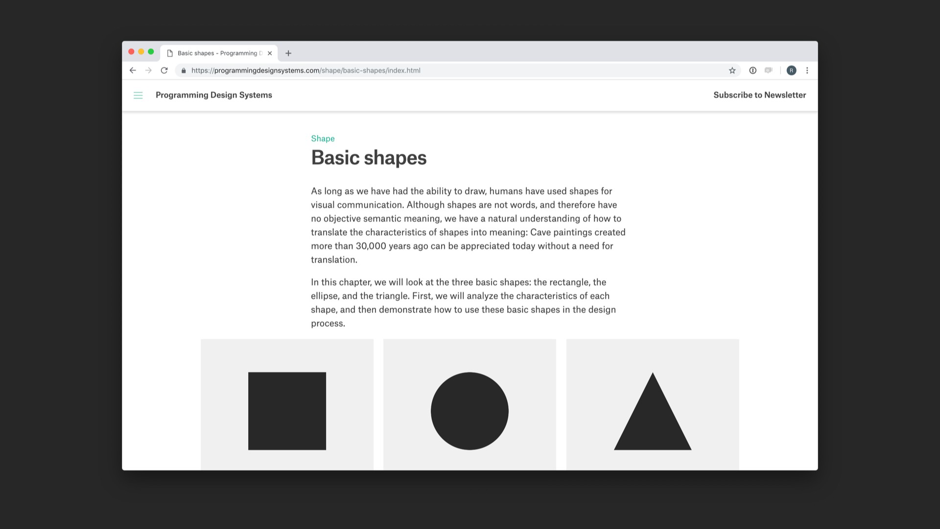 Screenshot of 'Basic shapes' chapter of referenced website.