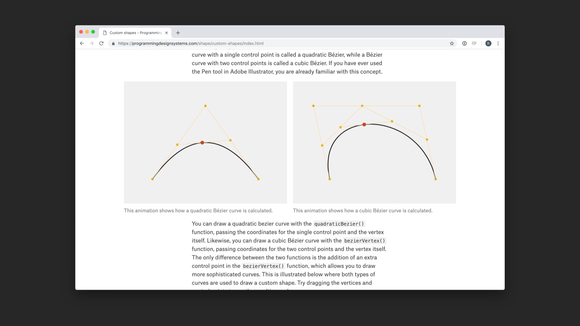 Screenshot of interactive Bezier curve example in referenced website.