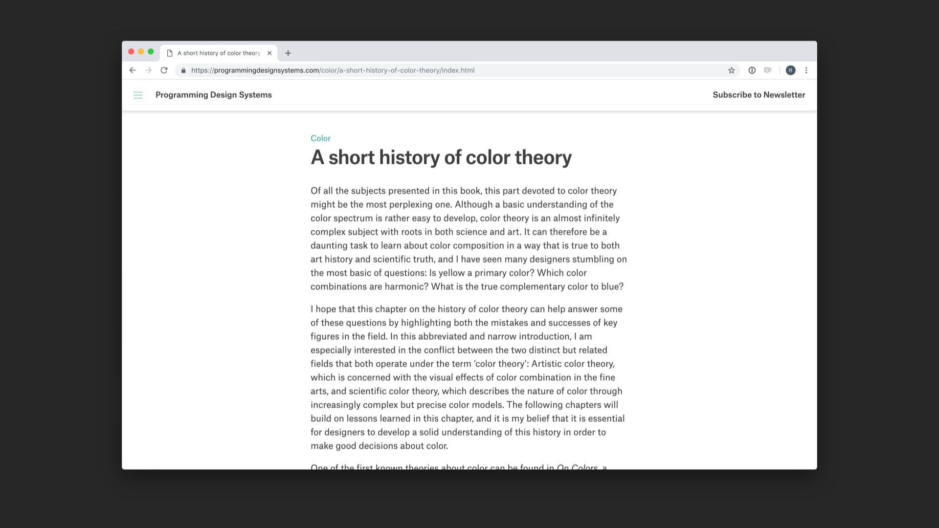 Screenshot of 'A short history of color theory' chapter of referenced website.
