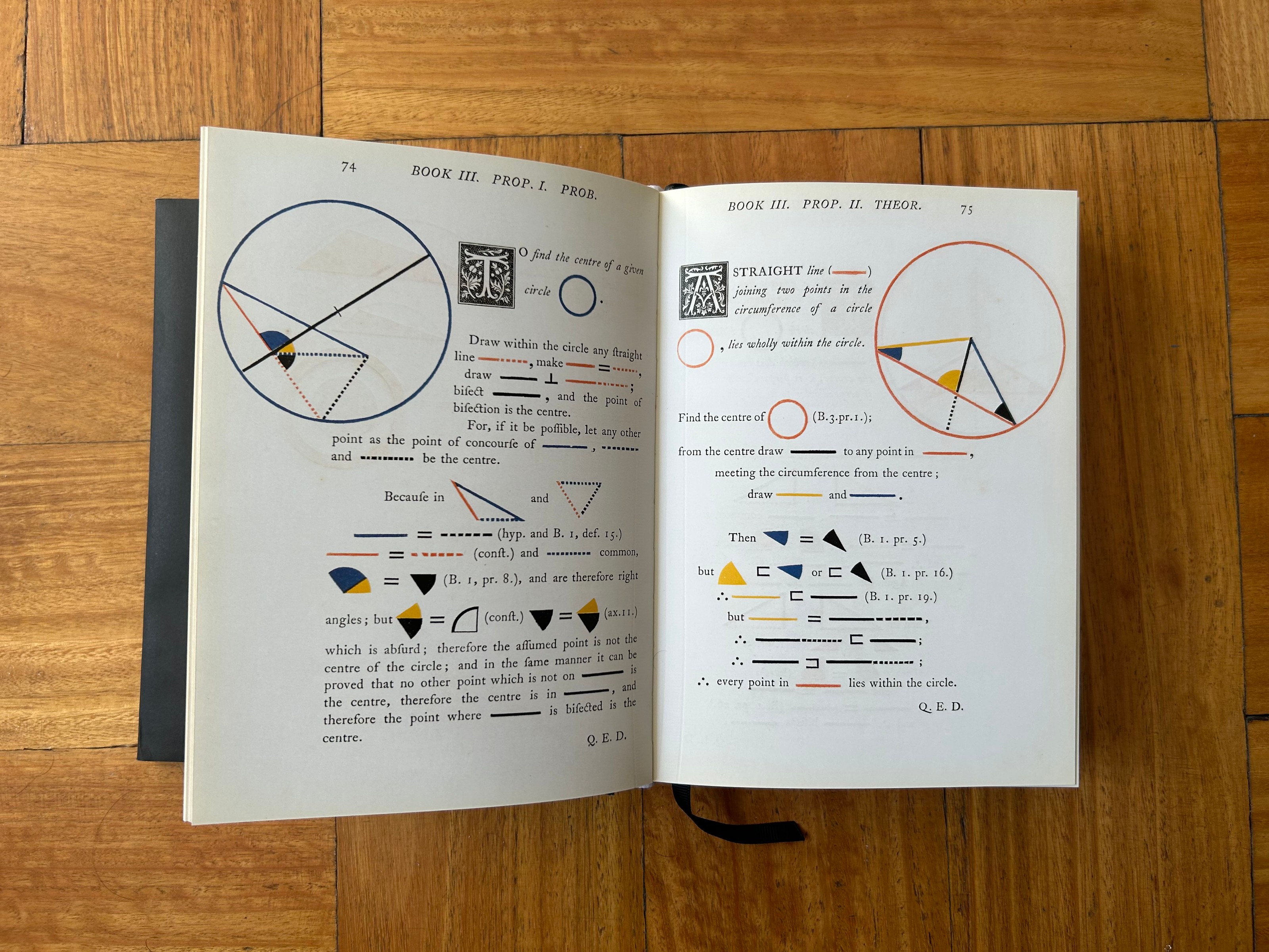 Photo of book open showing geometric diagrams of circles, against a wooden floor.
