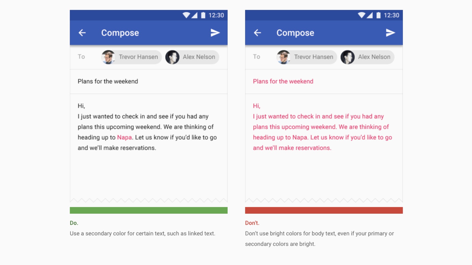 Example of Dos amd don'ts for the use of bright colors for bodies of text provided by Material Design.