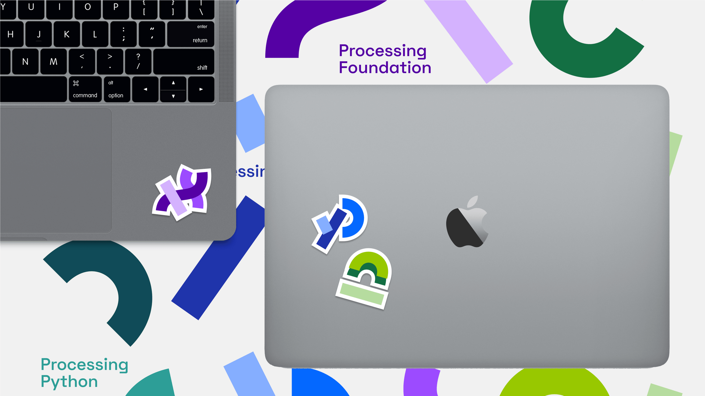 The new logos for processing, processing foundation, processing android and processing python shown as stickers on a laptop