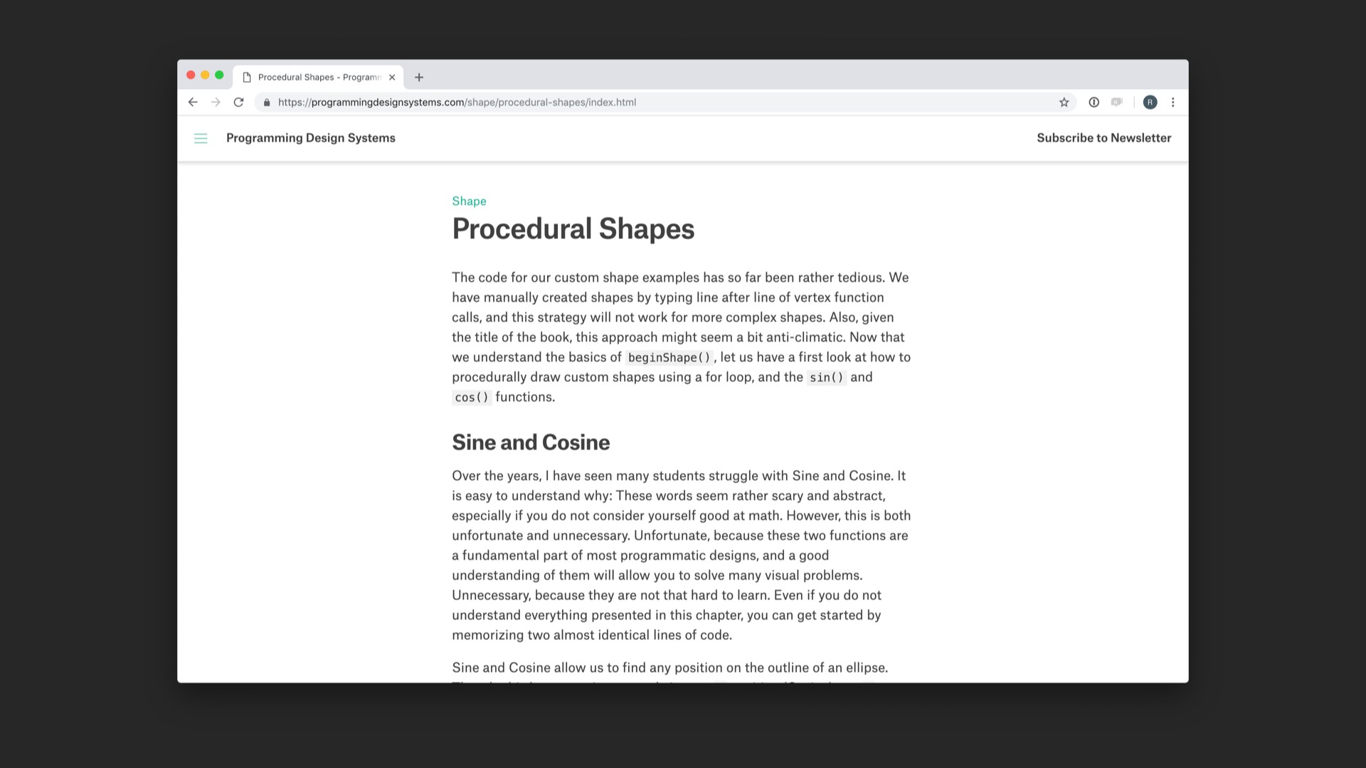 Screenshot of 'Procedural shapes' chapter of referenced website.