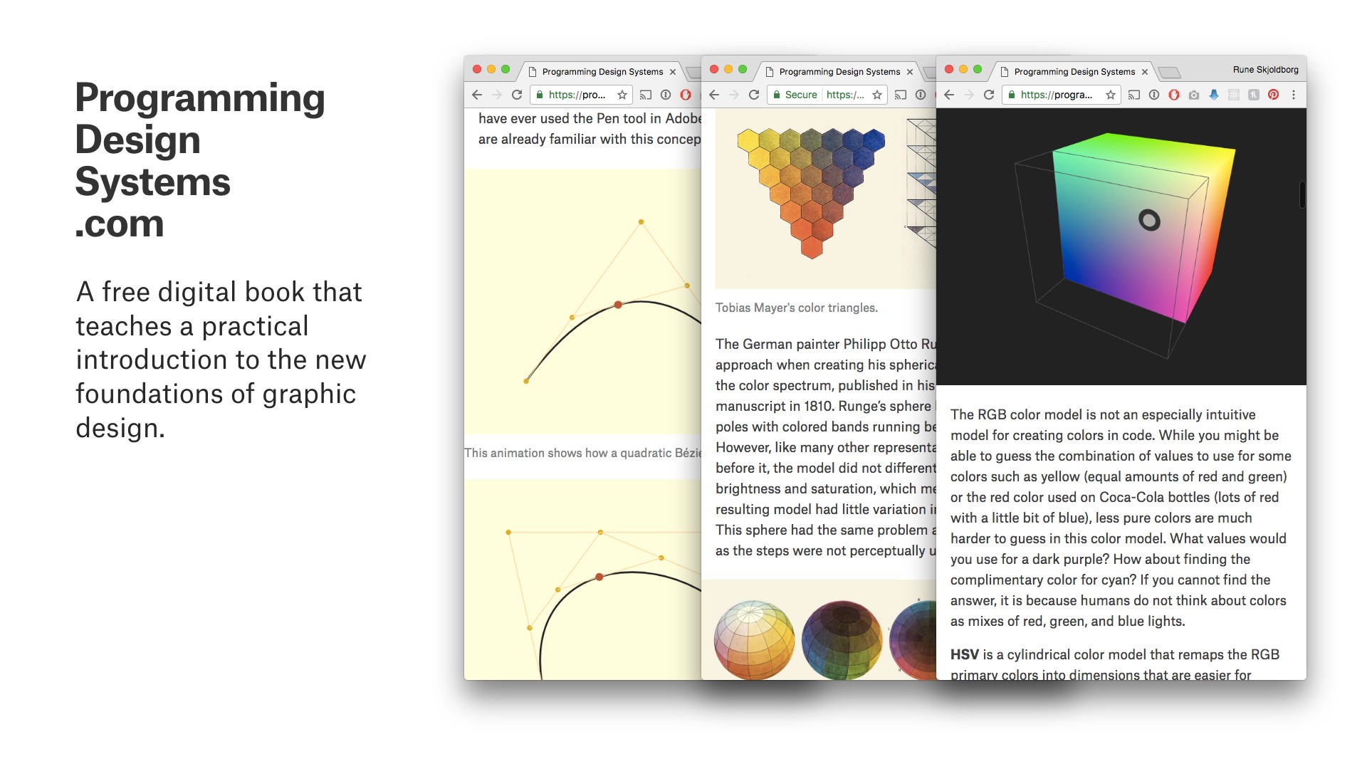 Three different shots of Rune's book 'Programming Design Systems' showing color models and bezier curve diagrams.