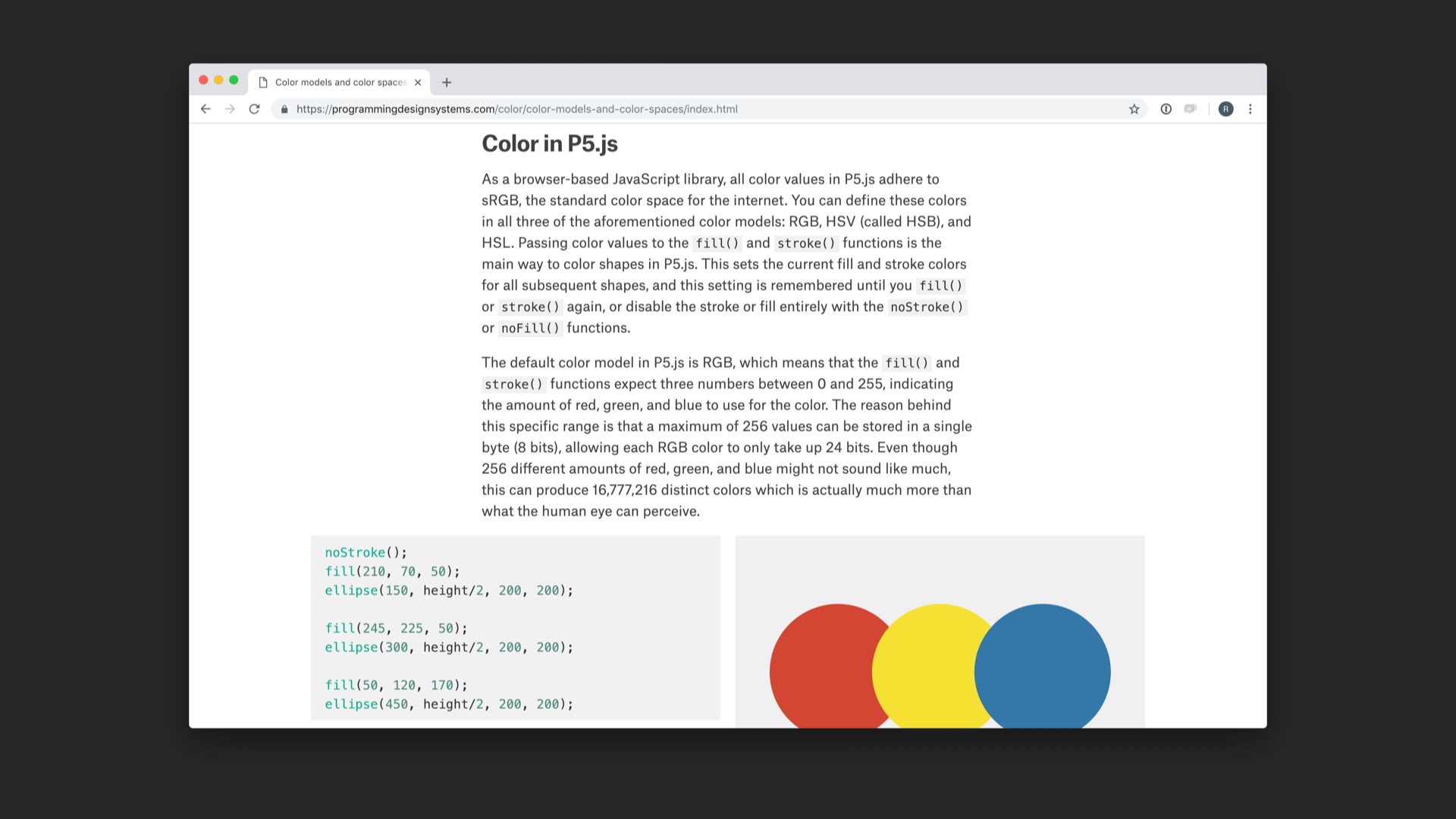 Screenshot of explanations of color modes in p5.js in referenced website.