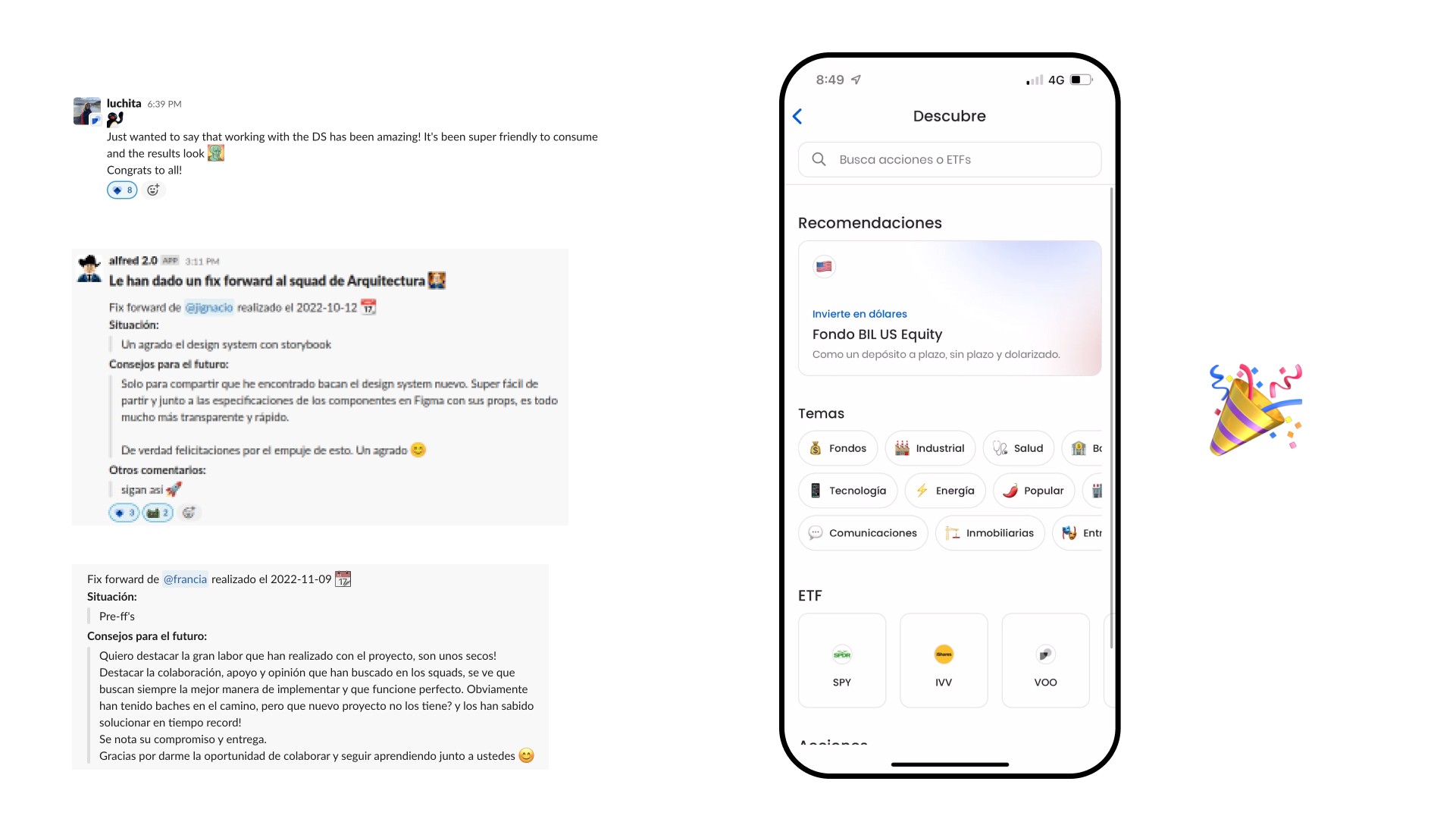 A new feature being introduced into Fintual's mobile app that uses the design system, and kudo messages from their team.