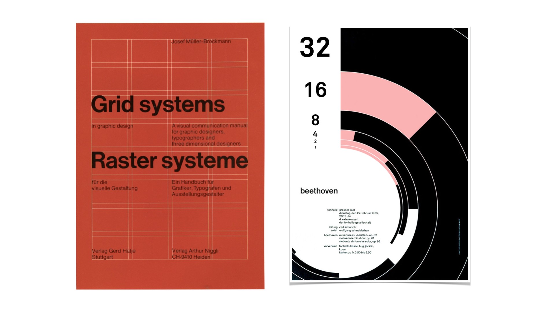 Two posters that use grids and alignments, examples of what design schools teach.