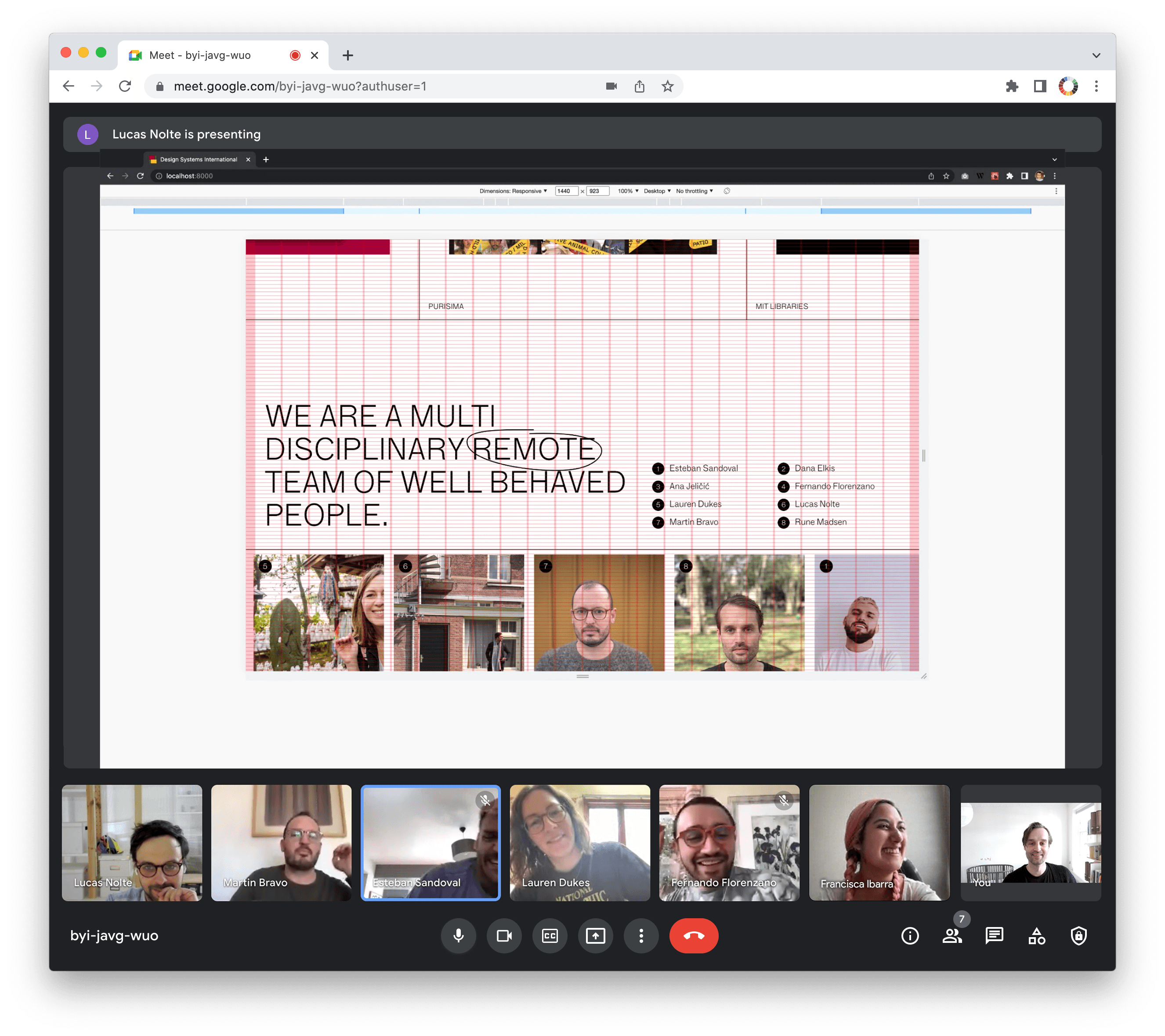 Screenshot of a Meet call showing the team and a screen sharing during a Funday meeting.