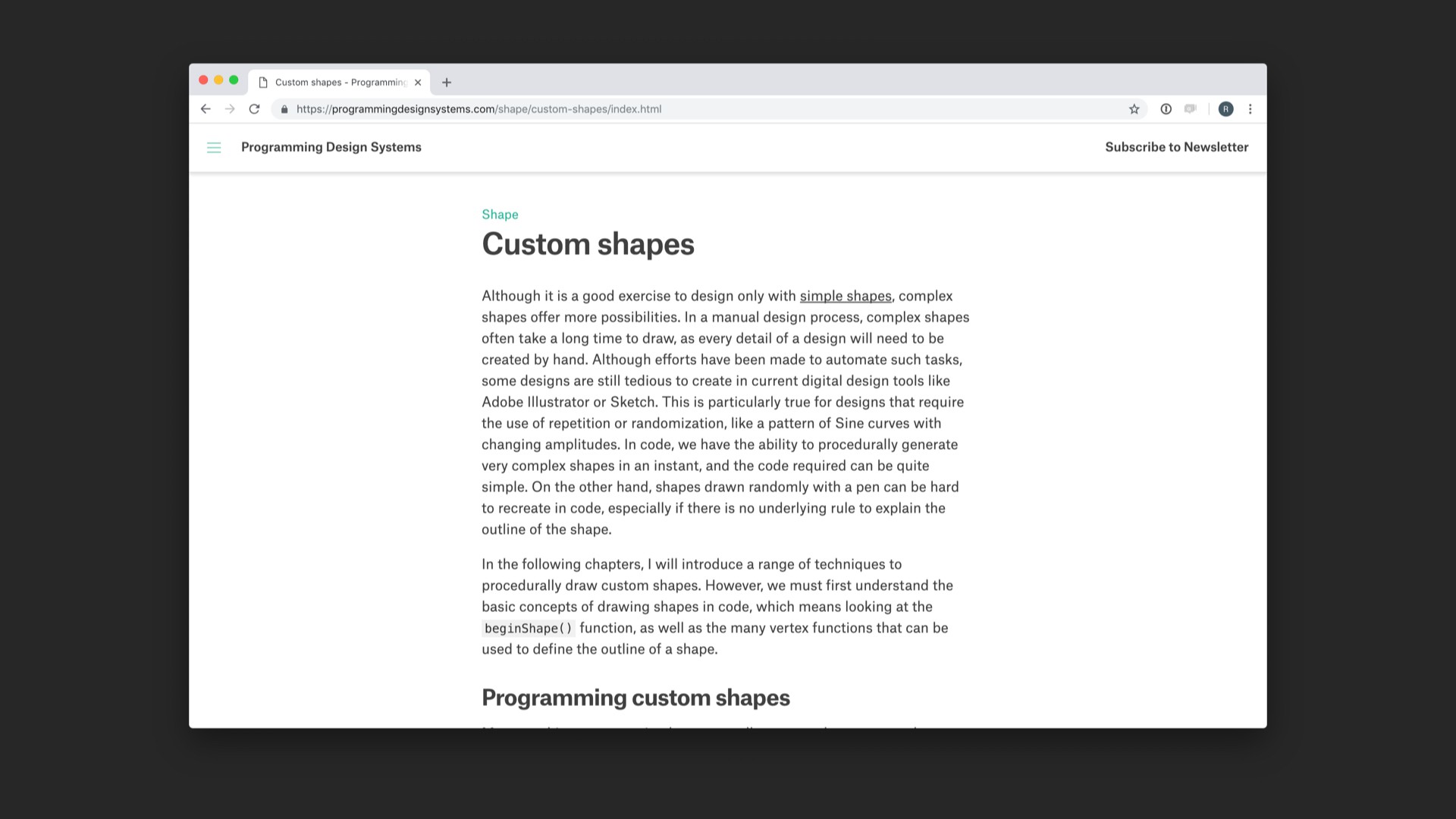 Screenshot of 'Custom shapes' chapter of referenced website.