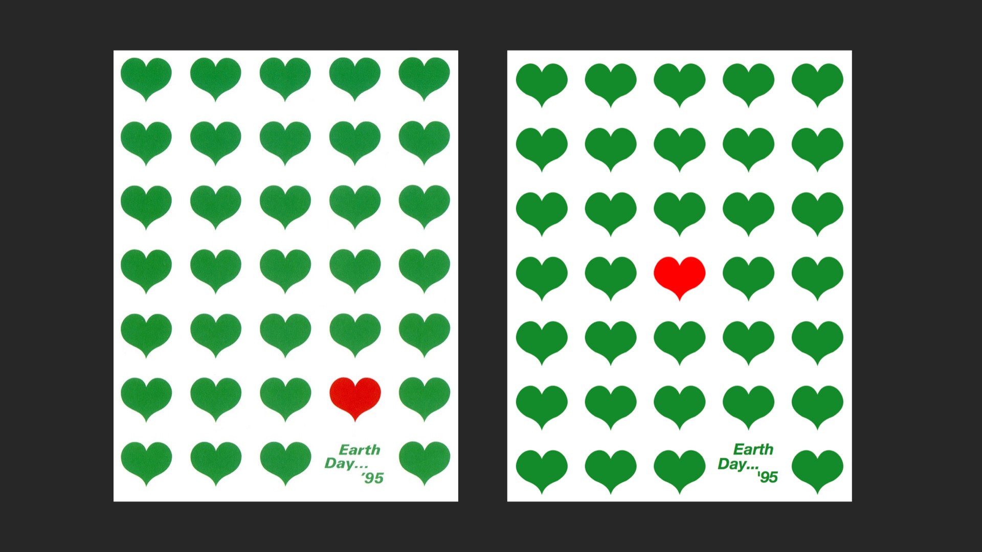 Two posters, to the left by Paul Rand: 'Earth day, v2', and to the right a recreation done by p5.js.