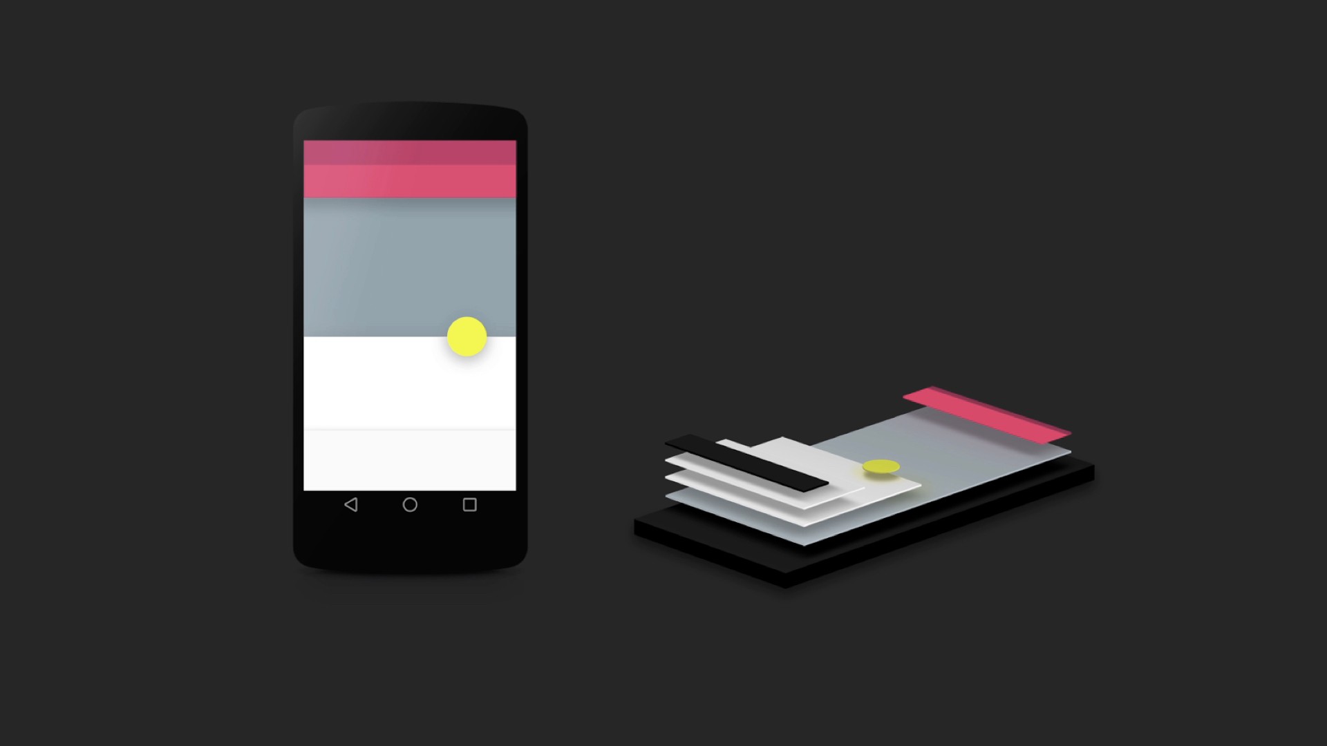 Two views of the same user interface made out of Material Design, a flat regular one and a 3D one that show the depths of the different elements.