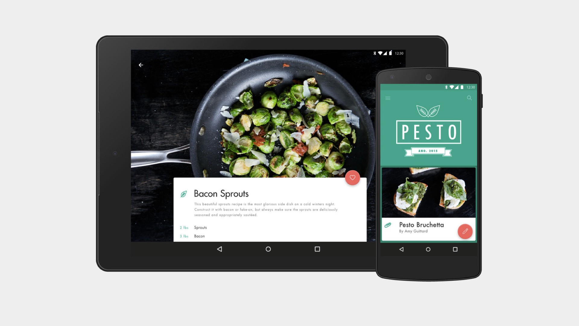Phone and tablet views for recipe app that looks like Material Design's identity.