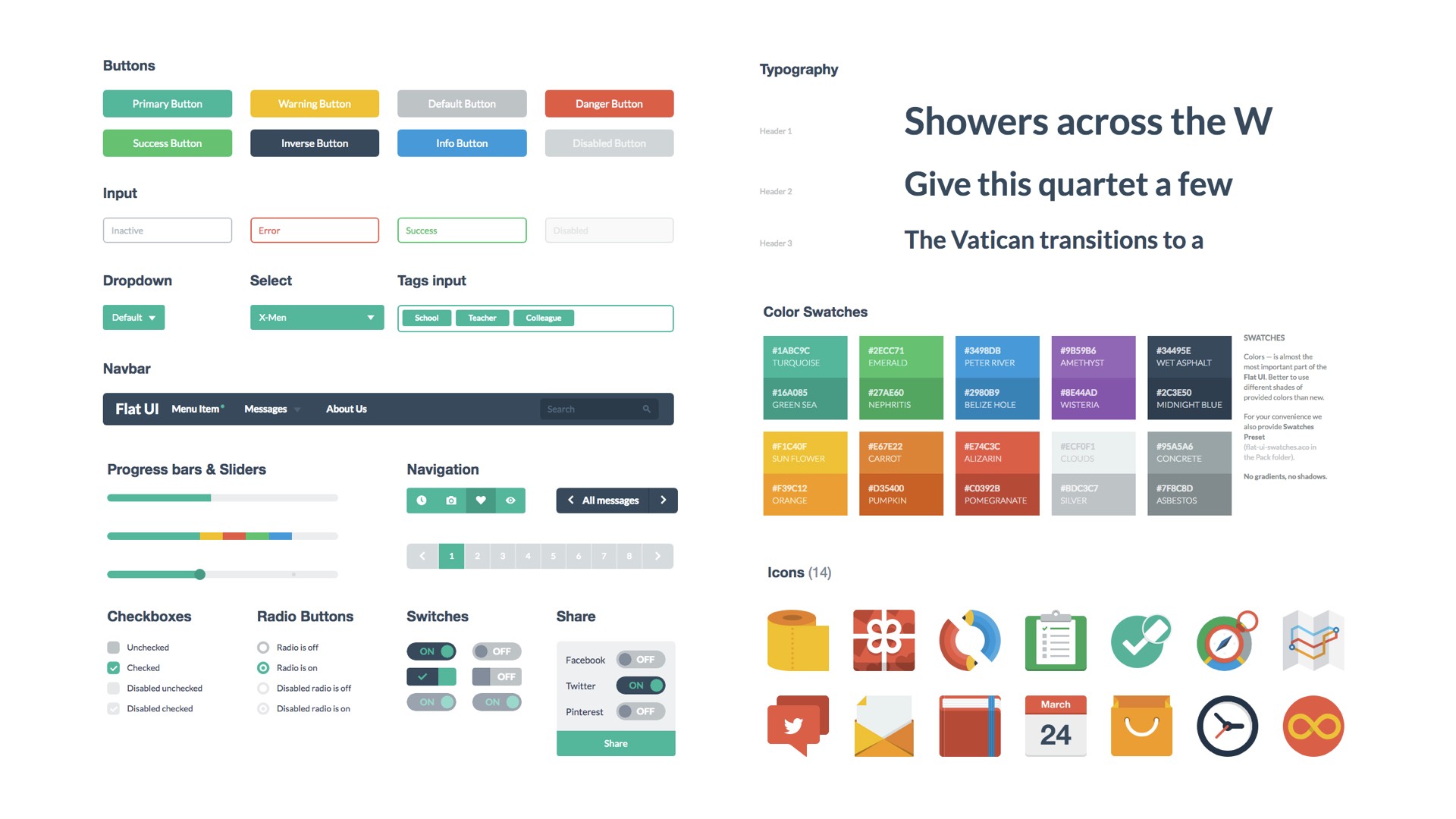 Set of visual components for an unspecified design systems, including buttons, typography, color swatches, icons...