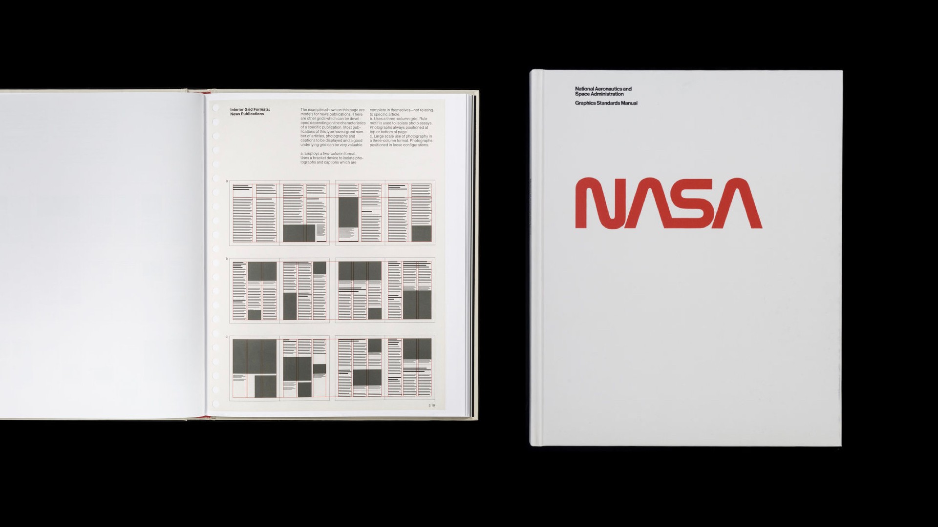 NASA's graphics standards manual cover and shot of it open in an unspecified page.