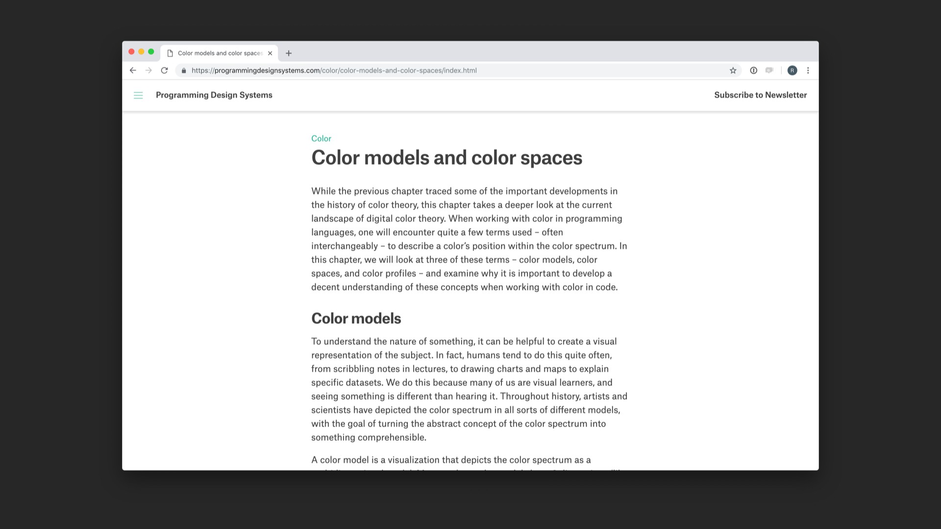 Screenshot of 'Color models and color spaces' chapter of referenced website.