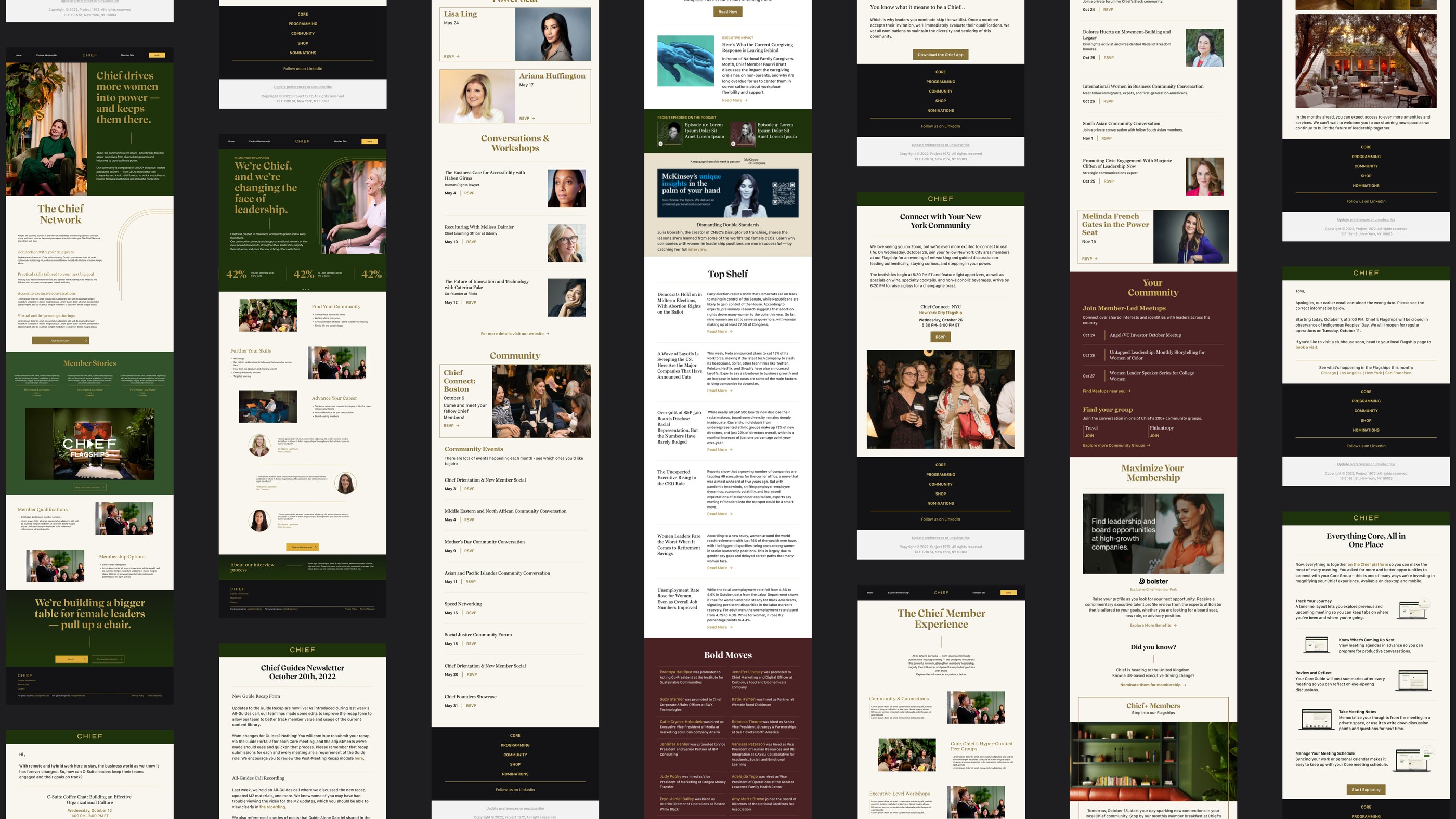 Several layout of emails and landing pages built with the system.
