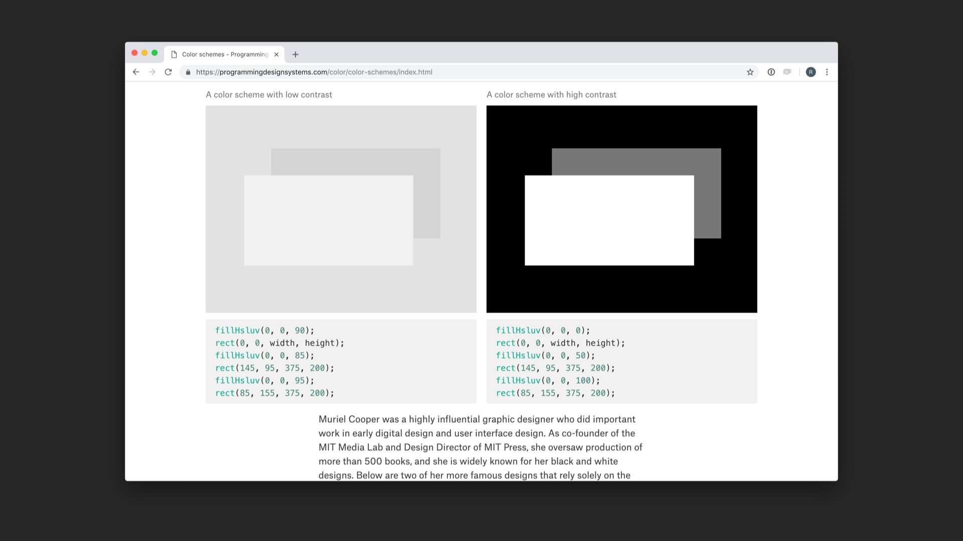 Screenshot of color brightness examples in referenced website.