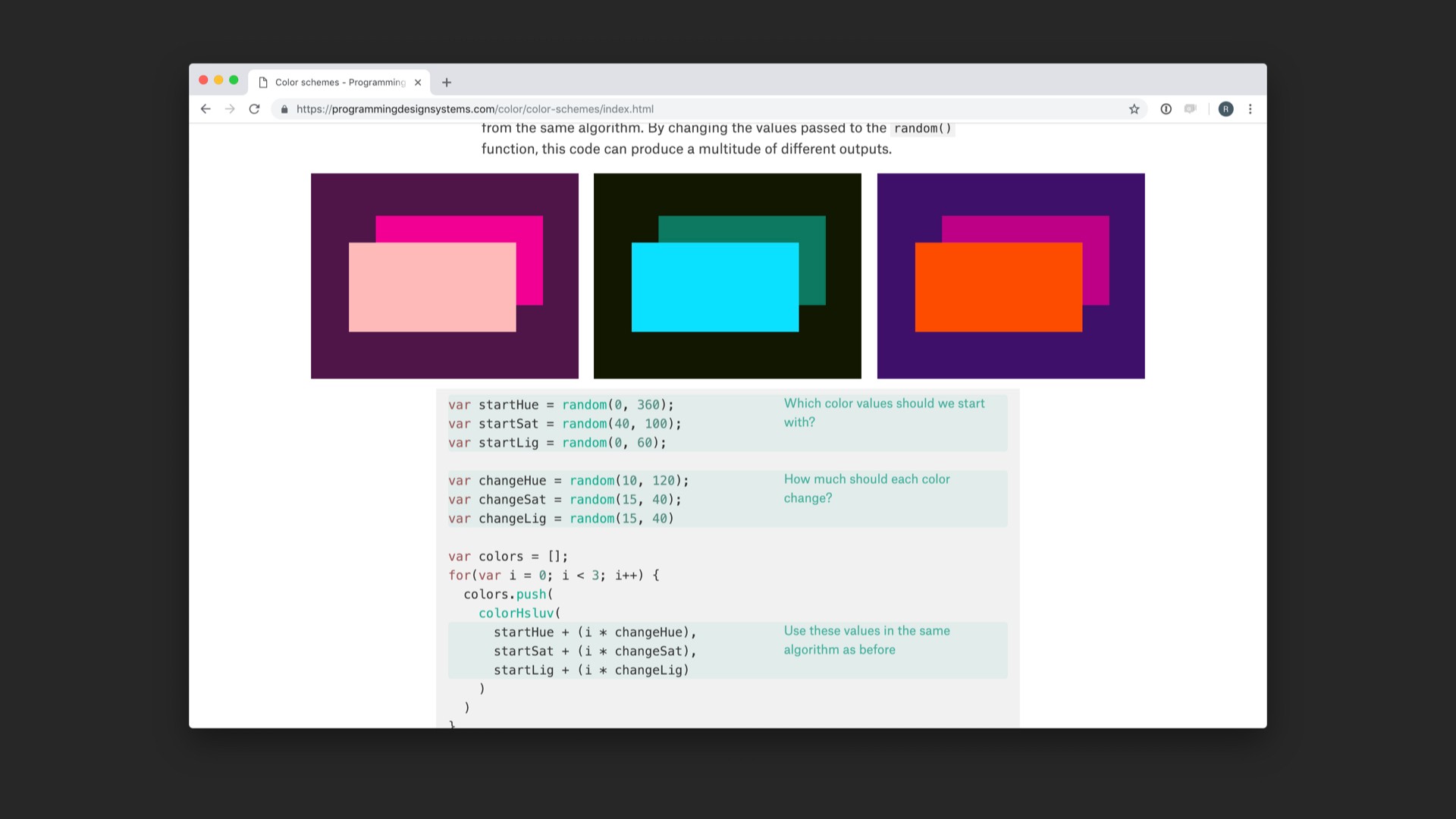 Screenshot of code examples and color in referenced website.