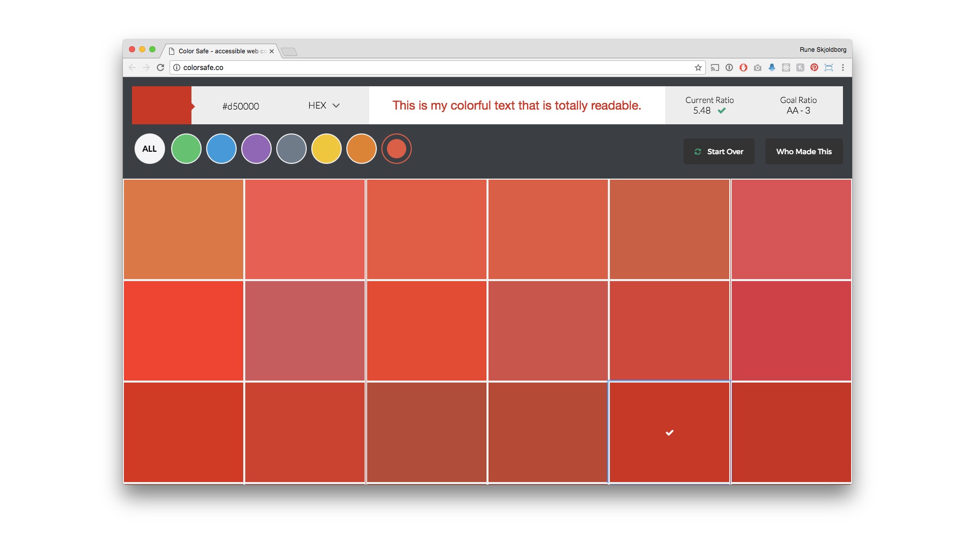 Colorsafe.co site that shows multiple shades of red that are readable against white text.