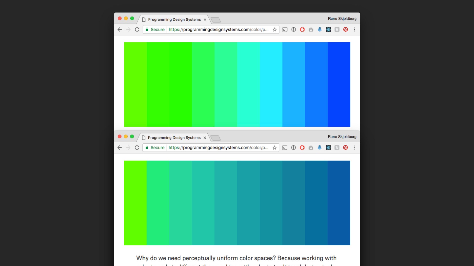 Screenshot of color changes in different spaces in referenced website.