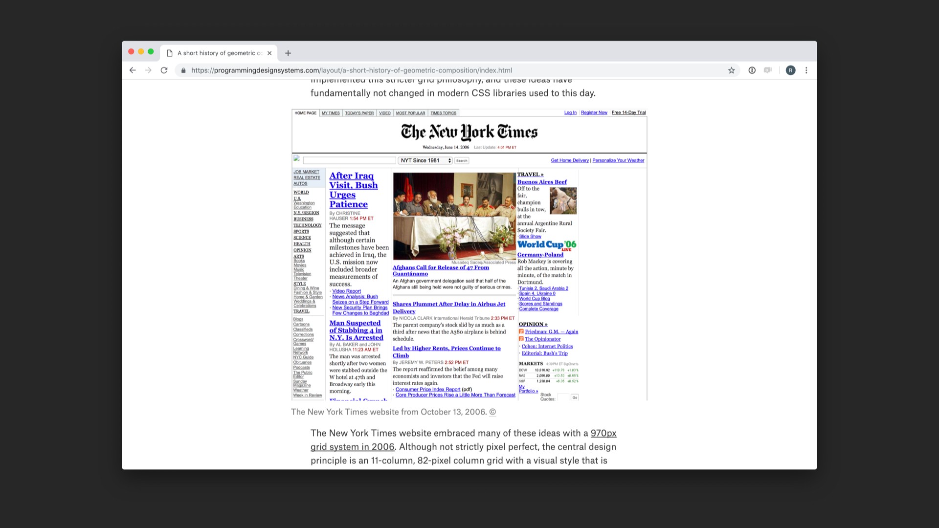 Screenshot of and old version of the New York Time's website.
