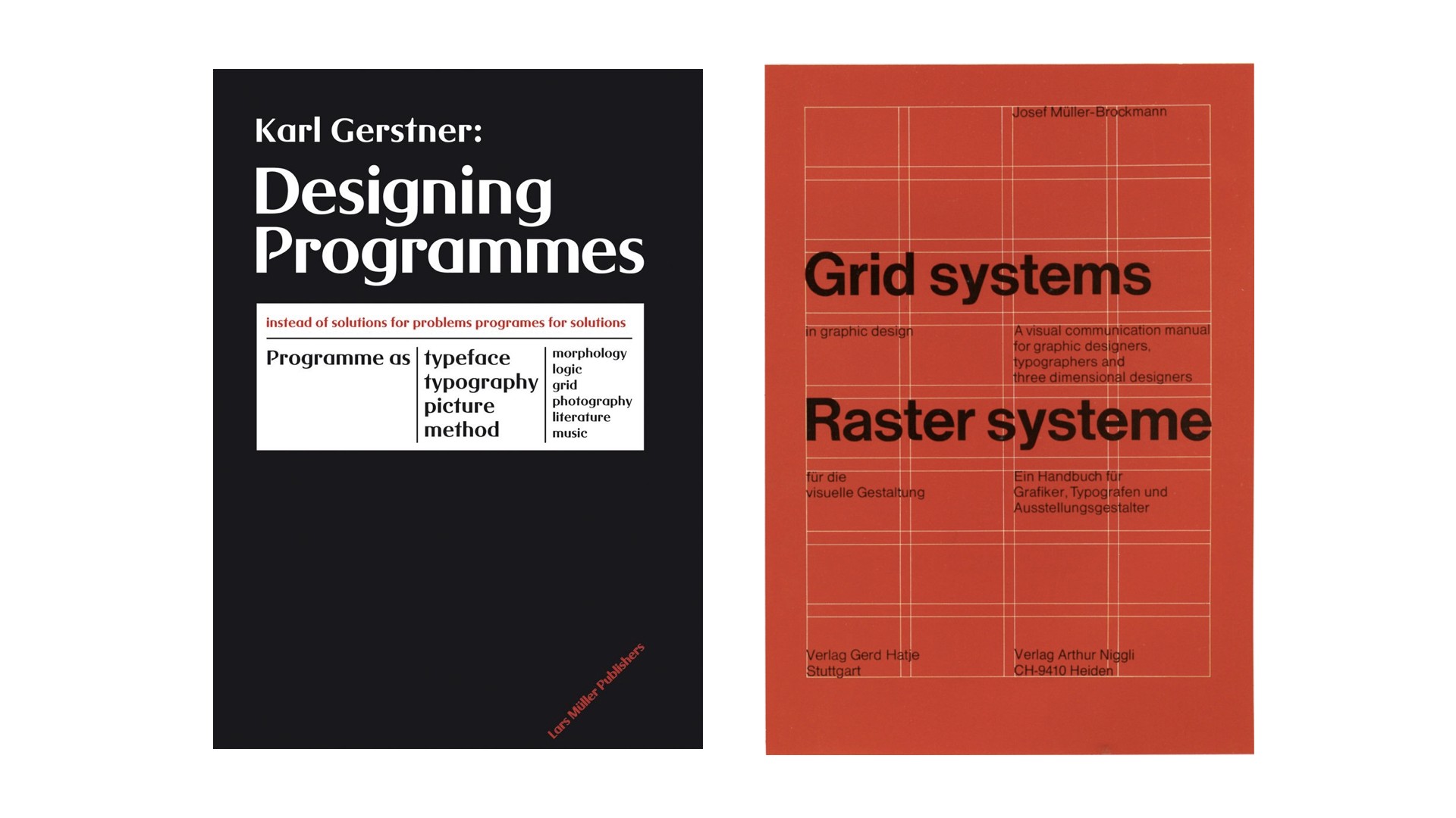 Covers of Karl Gerstne's Designing Programmes and Josef Müller-Brockmann's Grid Systems in Graphic Design.