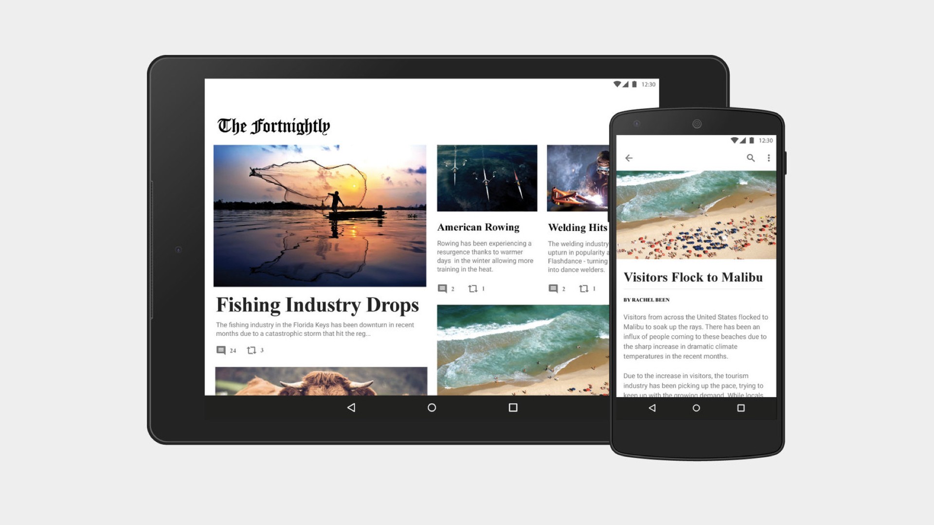 Phone and tablet views for news article apps that doesn't look like Material Design's identity.